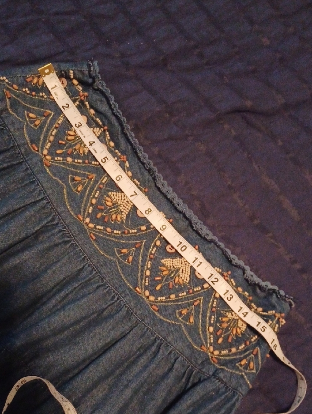 << Freestyle Blue Tiered Maxi Skirt with Embroidered Waistband Women's Size M - Picture 7 of 8